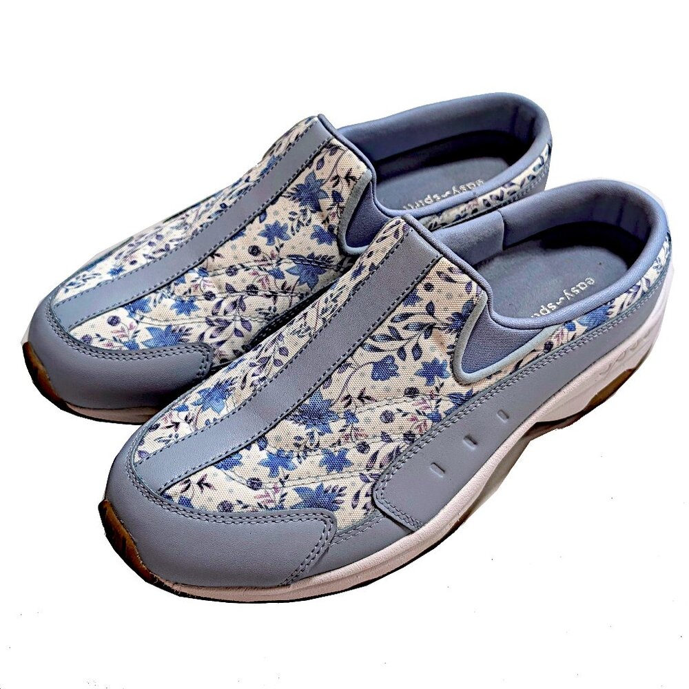 Easy Spirit Traveltime Mules 9M • Light Blue Floral Slip-On Comfort Walking Shoe